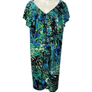 Dressbarn Barn Womens Green Blue Ruffle Flutter Sleeve Jersey Knit Dress sz 18